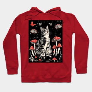 Retro Woodland Cute mushroom Cat Red Floral Garden Kitten Hoodie